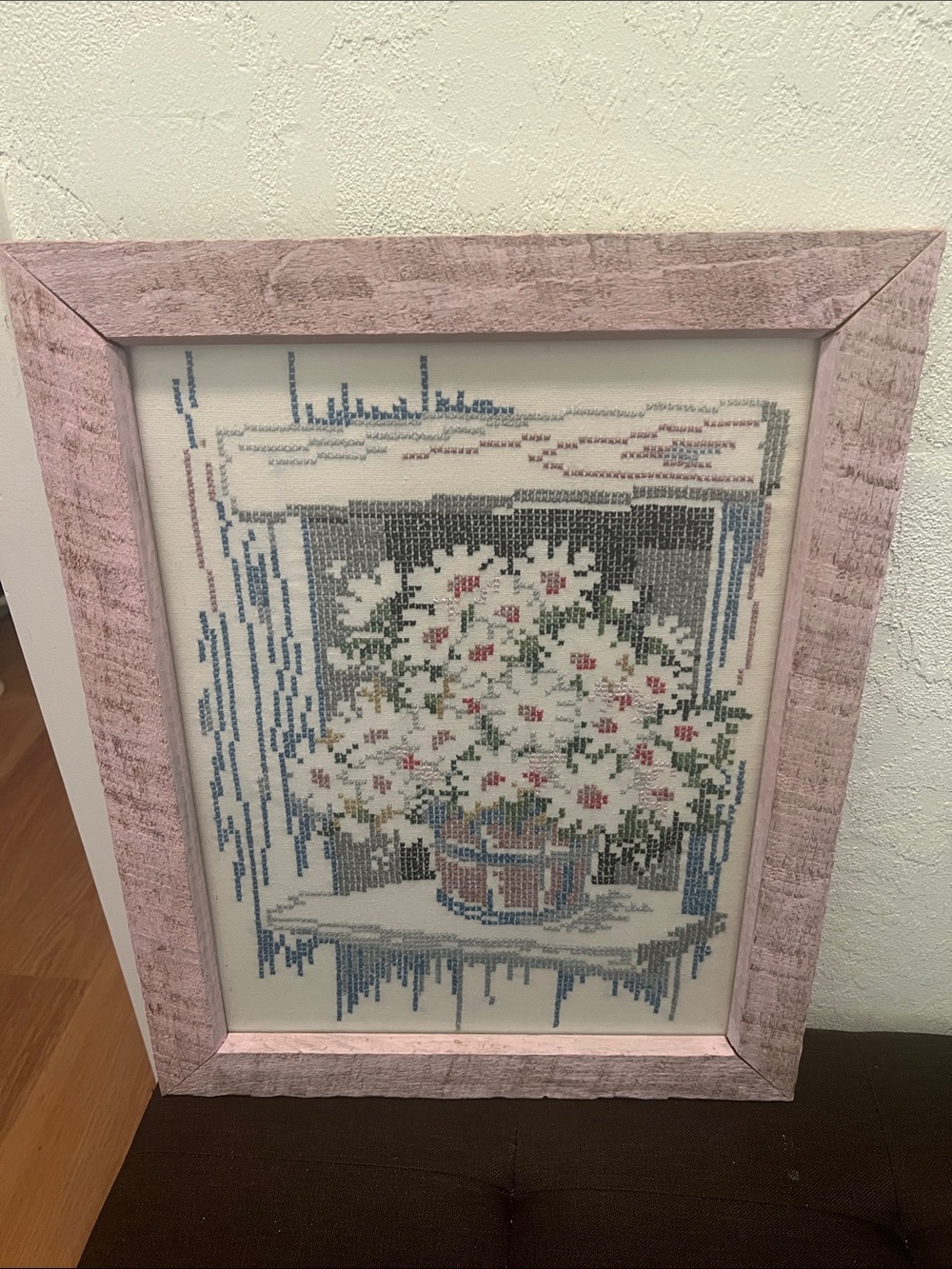 #2073* *”15x19” Framed Cross-Stitch Floral Bouquet in Pink Frame